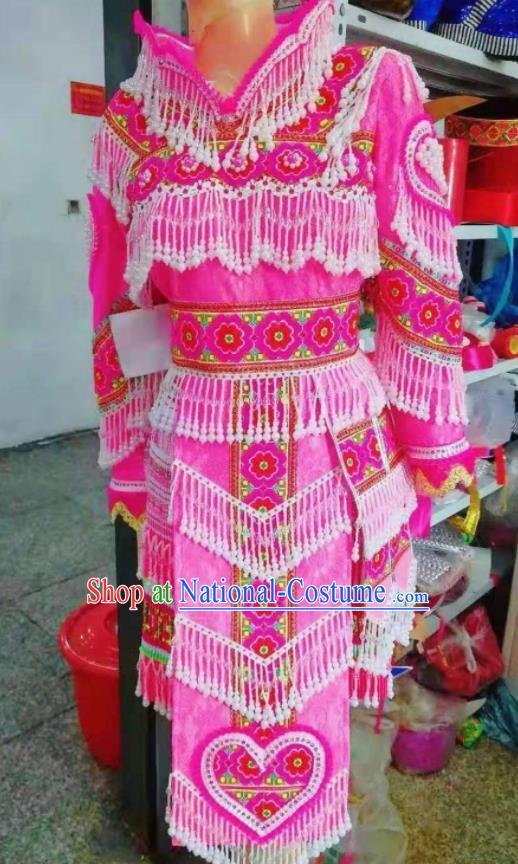 China Miao Nationality Folk Dance Costumes Yunnan Ethnic Wedding Clothing Traditional Hmong Bride Pink Dress Outfits Guizhou Minority Garments