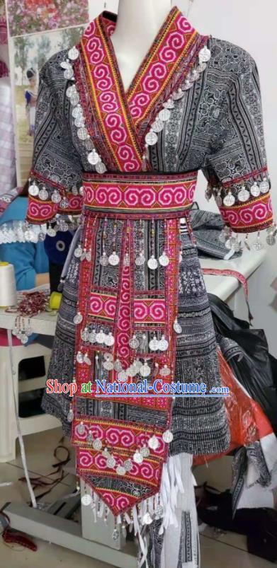 China Miao Nationality Costumes Ethnic Performance Clothing Traditional Hmong Folk Dance Grey Dress Outfits Yunnan Minority Female Garments