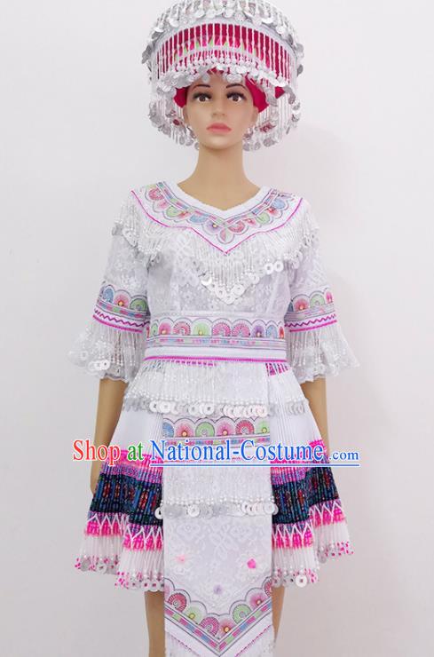 China Miao Nationality Folk Dance Costumes Ethnic Photography Clothing Traditional Hmong Festival White Dress Outfits Guizhou Minority Woman Garments