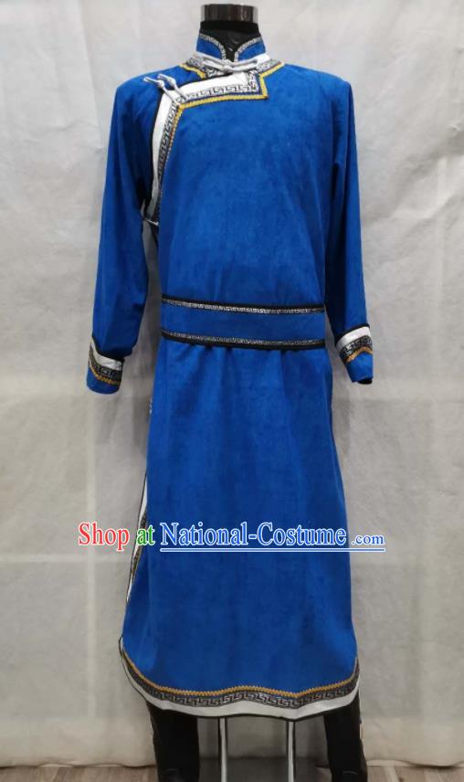 Chinese Mongol Nationality Folk Dance Clothing Blue Suede Fabric Mongolian Robe Ethnic Nadam Festival Costume