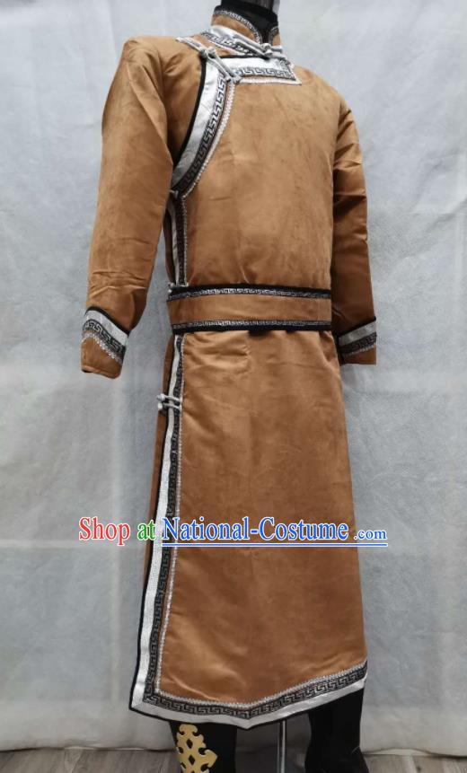 Chinese Ethnic Nadam Festival Costume Mongol Nationality Folk Dance Clothing Light Brown Suede Fabric Mongolian Robe