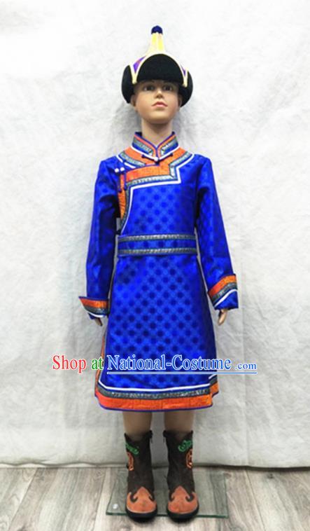 Chinese Mongol Nationality Folk Dance Clothing Traditional Children Royalblue Satin Mongolian Robe Ethnic Boys Festival Performance Costume