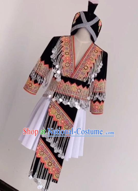 China Traditional Hmong Folk Dance Dress Outfits Yunnan Minority Performance Garments Miao Nationality Costumes Ethnic Clothing