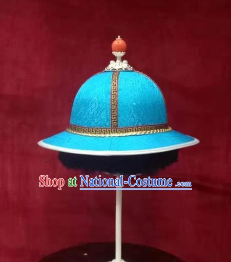 China Ancient Yuan Dynasty Prince Headwear Handmade Blue Satin Hat Mongolian Nationality Boys Headdress