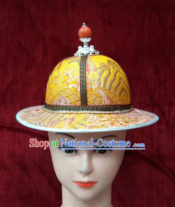 China Mongolian Nationality Boys Headdress Ancient Yuan Dynasty Prince Headwear Handmade Yellow Satin Hat