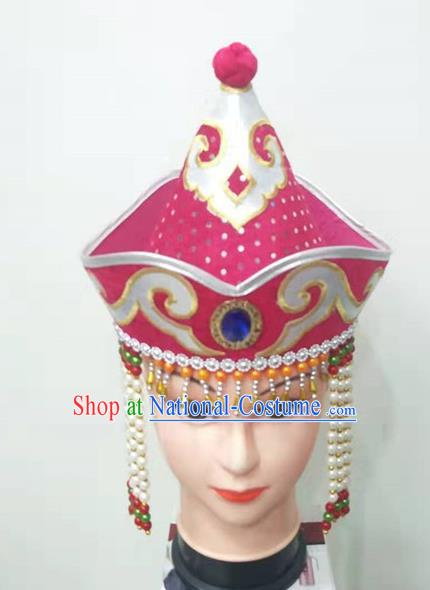 Chinese Ethnic Girl Folk Dance Headdress Mongol Nationality Stage Performance Rosy Hat Mongolian Minority Dance Tassel Headdress