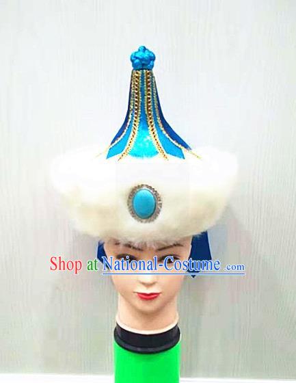 China Handmade Male Blue Hat Mongolian Nationality Folk Dance Headdress Ancient Yuan Dynasty Royal Highness Headwear