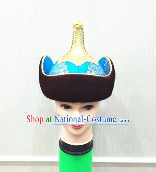 China Ancient Yuan Dynasty Royal Highness Headwear Handmade Male Blue Hat Mongolian Nationality Folk Dance Headdress