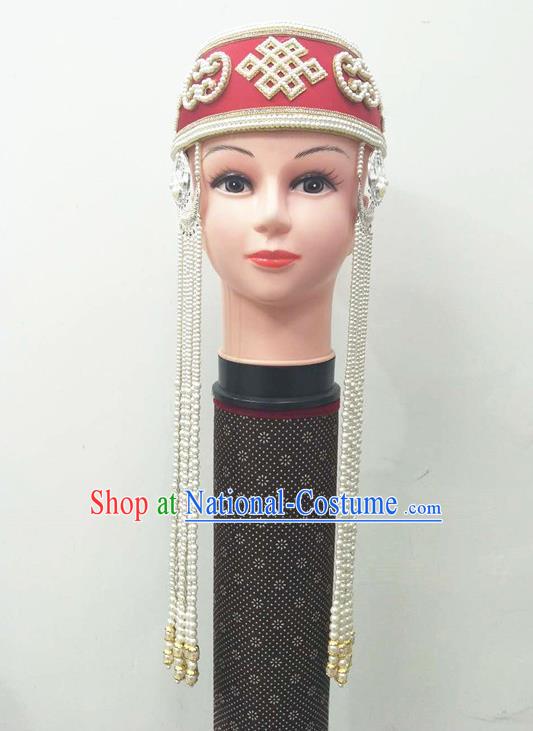 Chinese Ethnic Folk Dance Headdress Mongol Nationality Stage Performance Beads Tassel Hat Mongolian Minority Dance Hair Accessories