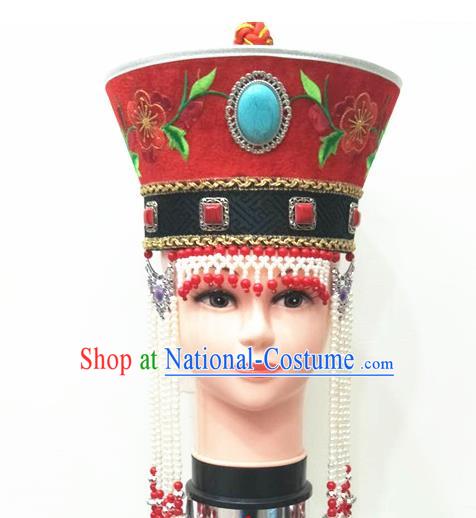 Chinese Mongol Nationality Stage Performance Beads Tassel Red Hat Mongolian Minority Wedding Hair Accessories Ethnic Bride Headdress