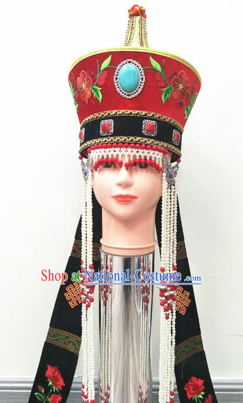 Chinese Ethnic Bride Headdress Mongol Nationality Stage Performance Tassel Red Hat Mongolian Minority Wedding Hair Accessories