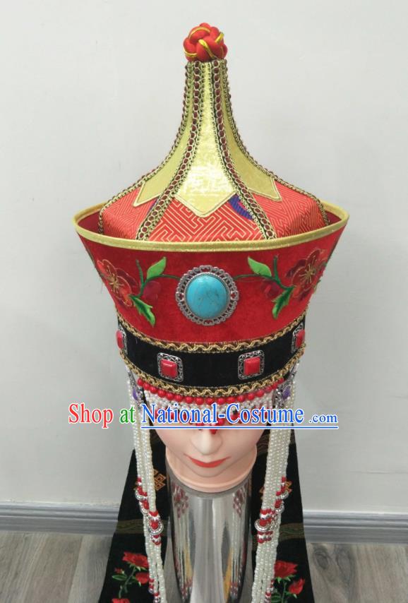 Chinese Ethnic Bride Headdress Mongol Nationality Stage Performance Tassel Red Hat Mongolian Minority Wedding Hair Accessories