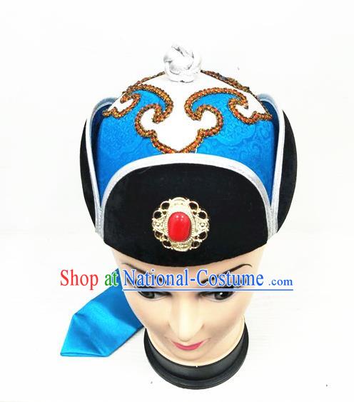 China Mongolian Nationality Boys Dance Headdress Ancient Yuan Dynasty Prince Headwear Handmade Children Blue Satin Hat