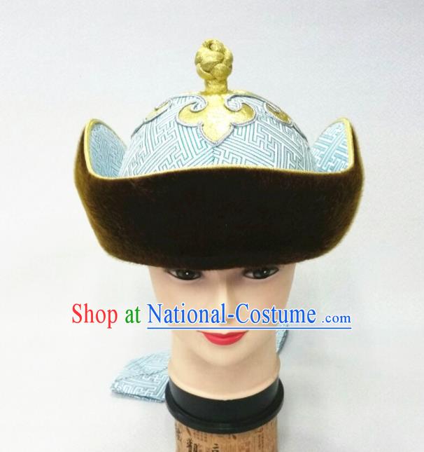 China Ancient Yuan Dynasty King Headwear Handmade Male Light Blue Satin Hat Mongolian Nationality Wedding Headdress