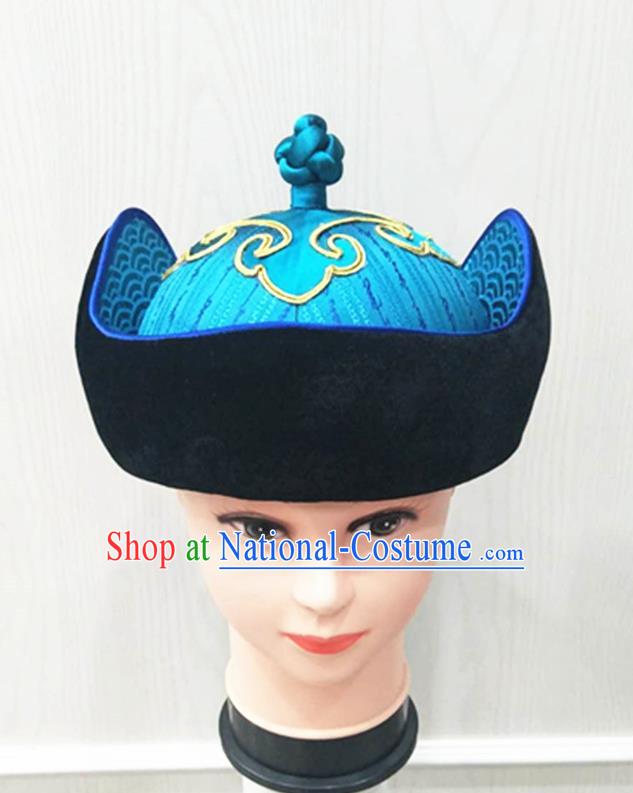 China Handmade Bridegroom Blue Hat Mongolian Nationality Wedding Headdress Ancient Yuan Dynasty King Headwear