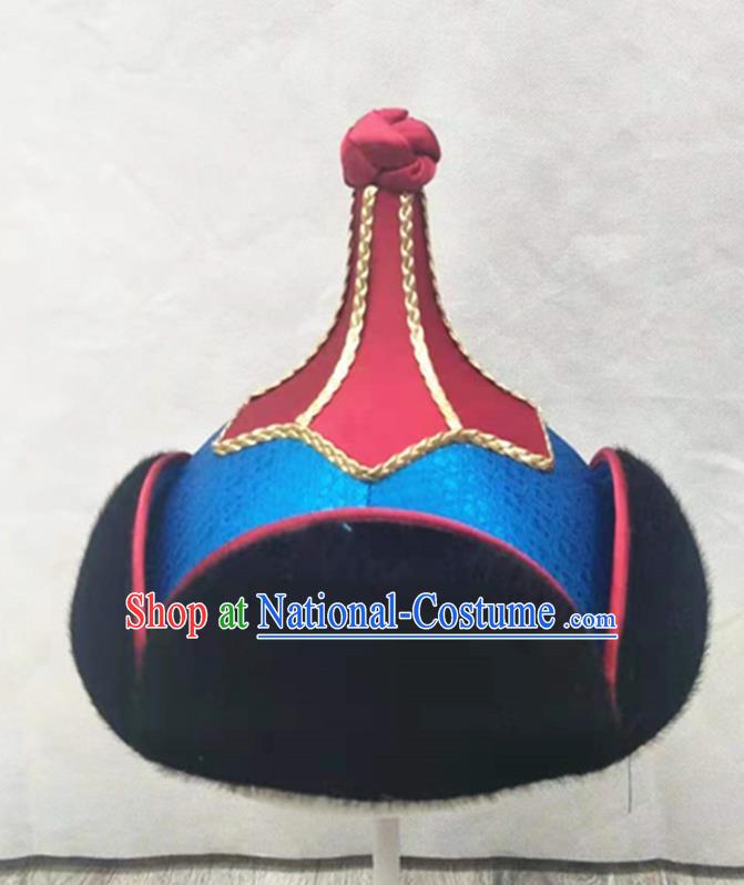 China Mongol Nationality Folk Dance Headwear Handmade Bridegroom Blue Hat Mongolian Nationality Wedding Headdress