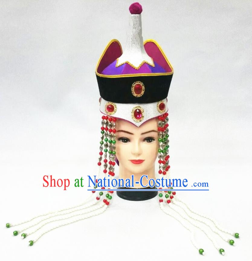 Chinese Ethnic Bride Headdress Mongol Nationality Performance Hat Mongolian Minority Noble Woman Hair Accessories