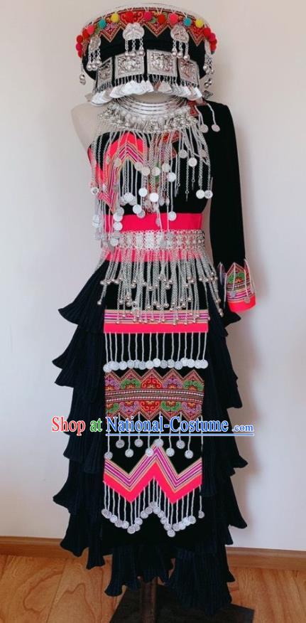 China Miao Nationality Bride Costumes Ethnic Clothing Traditional Hmong Folk Dance Black Dress Outfits Yunnan Minority Performance Garments