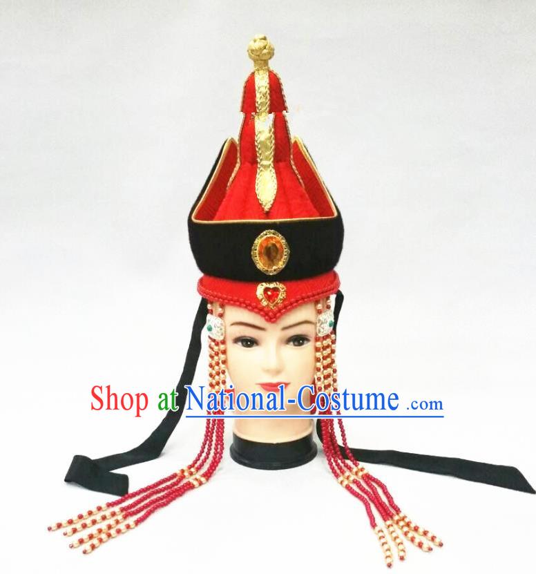 Chinese Mongolian Minority Wedding Hair Accessories Ethnic Bride Headdress Mongol Nationality Performance Red Hat