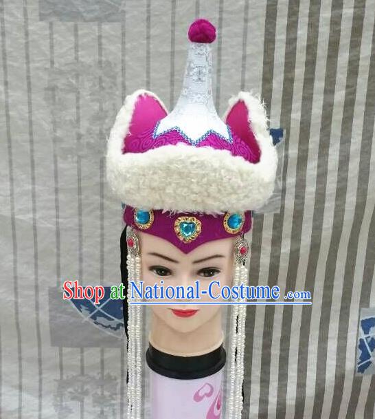 Chinese Mongol Nationality Bride Tassel Purple Hat Mongolian Minority Wedding Hair Accessories Ethnic Stage Performance Headdress