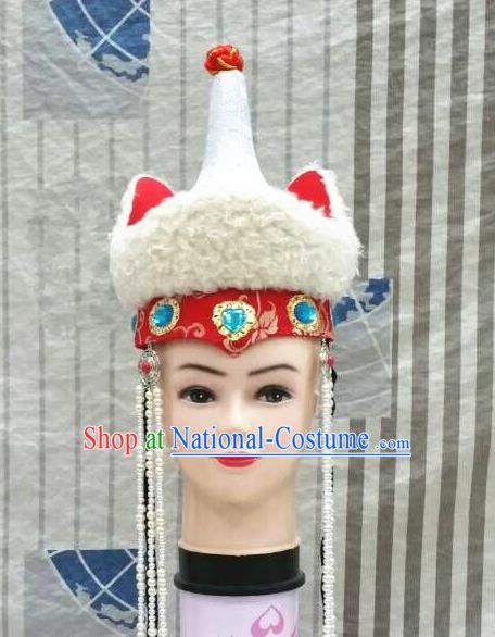 Chinese Ethnic Stage Performance Headdress Mongol Nationality Bride Tassel Red Hat Mongolian Minority Wedding Hair Accessories