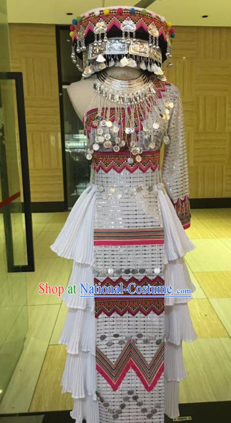 China Yunnan Minority Folk Dance Garments Miao Nationality Bride Costumes Ethnic Clothing Traditional Hmong Wedding White Dress Outfits