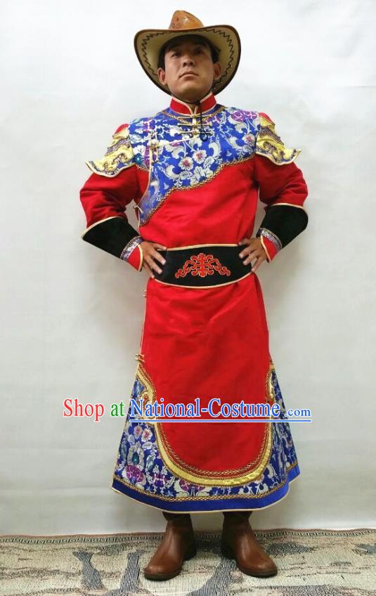 Chinese Ethnic Festival Performance Costume Mongol Nationality Folk Dance Clothing Traditional Bridegroom Red Mongolian Robe