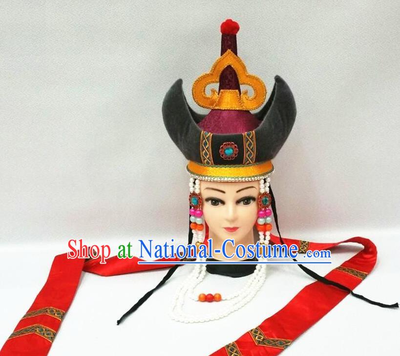 Chinese Mongolian Minority Wedding Hair Accessories Ethnic Stage Performance Headdress Mongol Nationality Bride Long Ribbon Hat