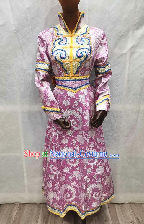 China Mongol Minority Woman Garments Moggol Nationality Performance Clothing Traditional Mongolian Folk Dance Lilac Brocade Dress