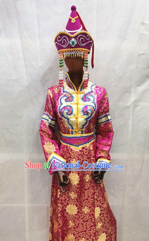 China Traditional Mongolian Folk Dance Rosy Brocade Dress Mongol Minority Wedding Garments Moggol Nationality Performance Clothing