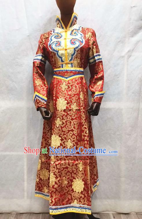 China Moggol Nationality Performance Clothing Traditional Mongolian Folk Dance Red Brocade Dress Mongol Minority Wedding Garments