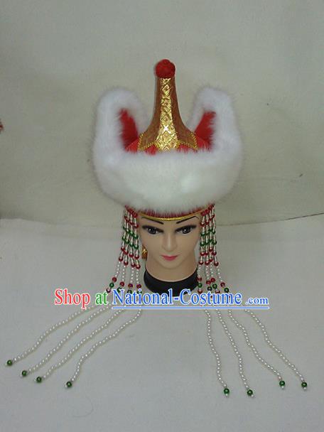 Chinese Mongol Nationality Bride Red Hat Mongolian Minority Wedding Hair Accessories Ethnic Stage Performance Headdress