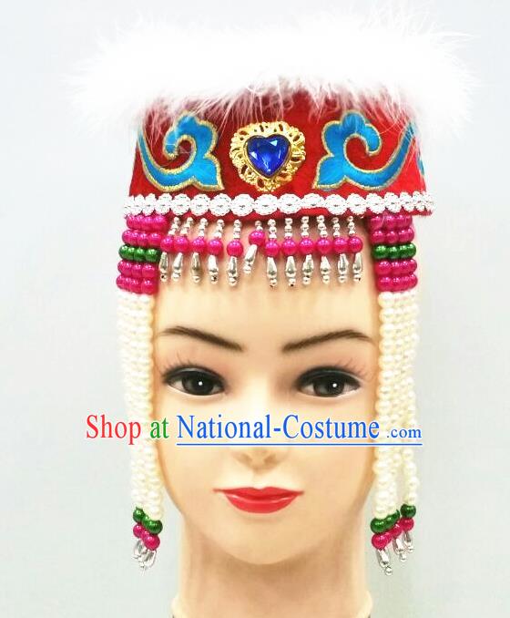 Chinese Ethnic Girl Stage Performance Headdress Mongol Nationality Children Red Hat Mongolian Minority Dance Hair Accessories