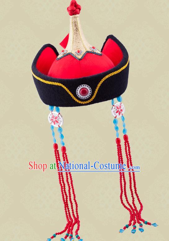 Chinese Mongolian Minority Imperial Consort Hair Accessories Ethnic Stage Performance Headdress Mongol Nationality Wedding Bride Red Hat