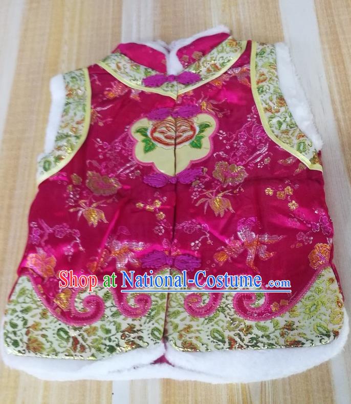 Chinese Tang Suit Rosy Brocade Vest Ethnic Girl Costume Mongol Nationality Folk Dance Clothing Traditional Children Mongolian Waistcoat