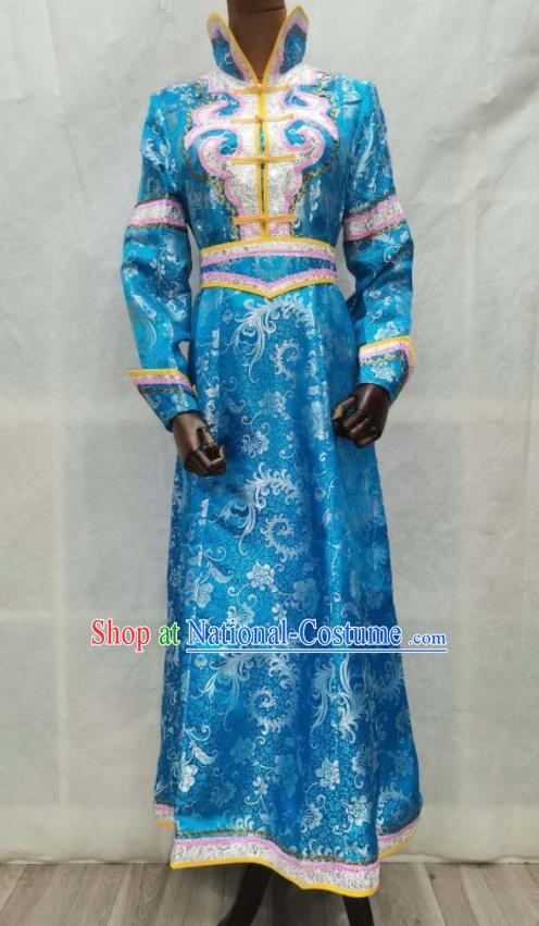 China Traditional Mongolian Folk Dance Blue Brocade Dress Mongol Minority Woman Garments Moggol Nationality Performance Clothing