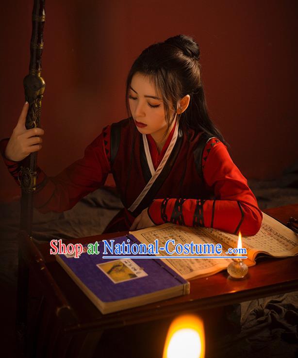 China Ancient Swordswoman Red Clothing Ming Dynasty Chivalrous Female Knight Hanfu Dress Drama The Legend of Fei Zhou Fei Replica Garments