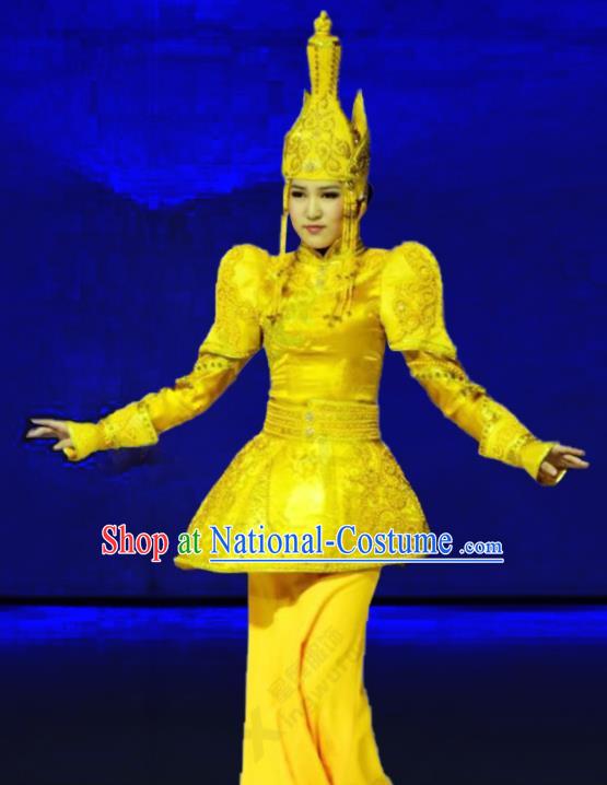 Chinese Traditional Ethnic Concert Performance Yellow Dress Outfits Mongolian Minority Folk Dance Apparels Mongol Nationality Woman Clothing