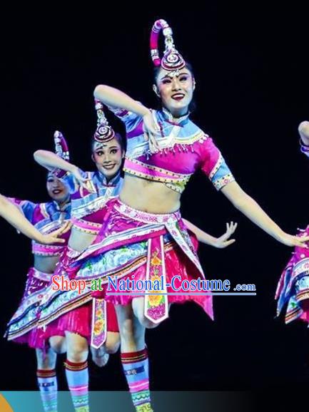 Chinese Hani Nationality Woman Clothing Traditional Ethnic Stage Performance Rosy Dress Outfits She Minority Dance Apparels