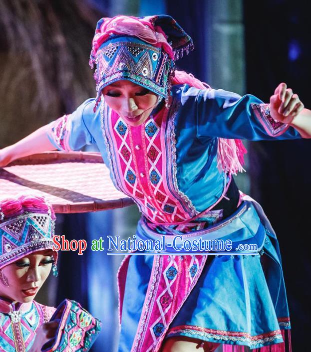 Chinese Traditional Ethnic Stage Performance Blue Dress Outfits Li Minority Dance Apparels Yao Nationality Woman Clothing