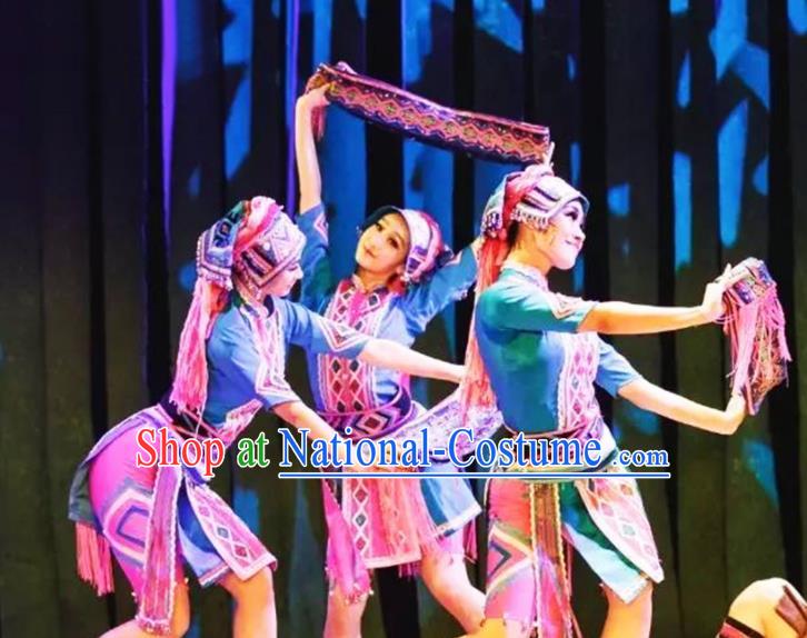 Chinese Traditional Ethnic Stage Performance Blue Dress Outfits Li Minority Dance Apparels Yao Nationality Woman Clothing