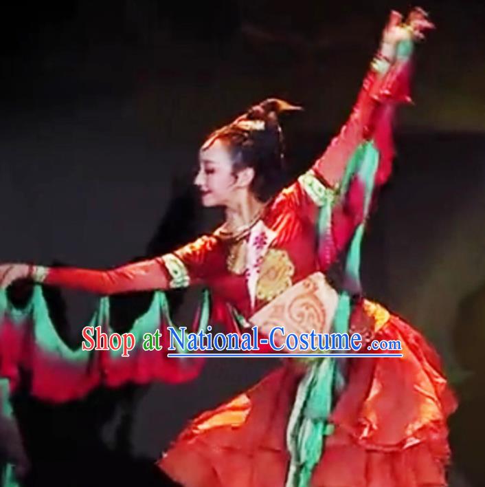 China Folk Dance Red Uniforms Stage Performance Dress Classical Dance Clothing Woman Dance Garment Costume