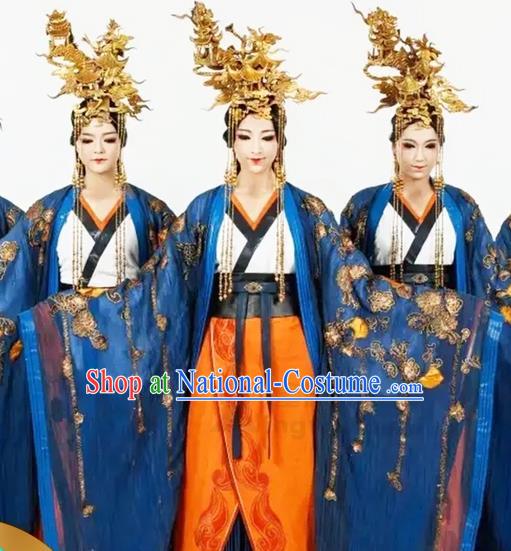 China Woman Group Dance Garment Costumes Hanfu Dance Uniforms Stage Performance Blue Dress Classical Dance Clothing