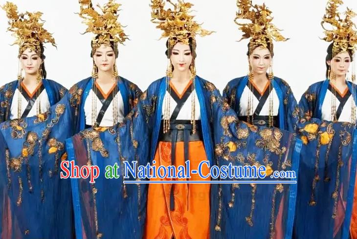 China Woman Group Dance Garment Costumes Hanfu Dance Uniforms Stage Performance Blue Dress Classical Dance Clothing