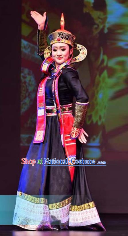 Chinese Mongolian Minority Group Dance Apparels Mongol Nationality Woman Clothing Traditional Ethnic Stage Performance Black Dress Outfits