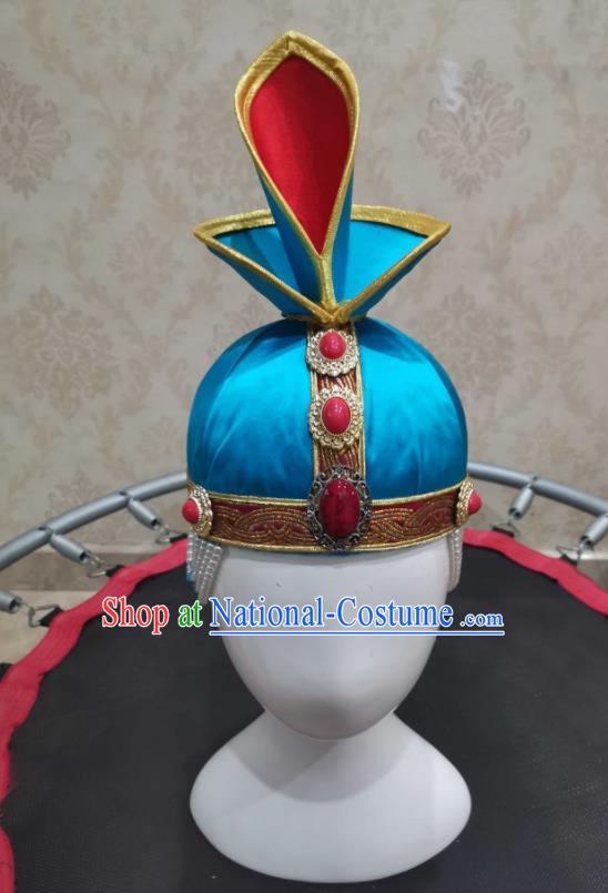 China Mongolian Nationality Girl Performance Headdress Mongol Nationality Children Headwear Handmade Folk Dance Blue Hat