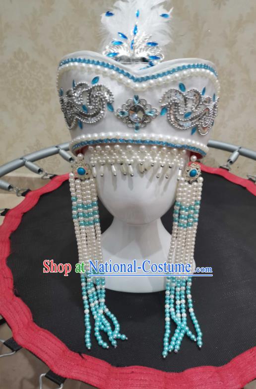 China Handmade Princess Beads Tassel White Hat Mongolian Nationality Girl Performance Headdress Mongol Nationality Children Headwear