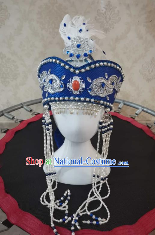 China Mongol Nationality Children Headwear Handmade Princess Beads Tassel Royalblue Hat Mongolian Nationality Girl Performance Headdress