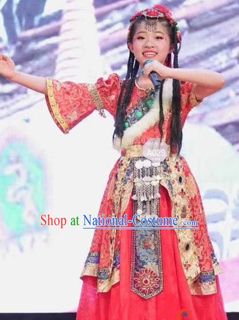 Chinese Traditional Ethnic Stage Performance Red Dress Outfits Zang Minority Folk Dance Apparels Tibetan Nationality Girl Clothing