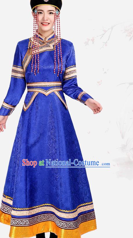 China Mongol Minority Fashion Woman Folk Dance Clothing Mongolian Nationality Performance Costume Ethnic Blue Brocade Dress